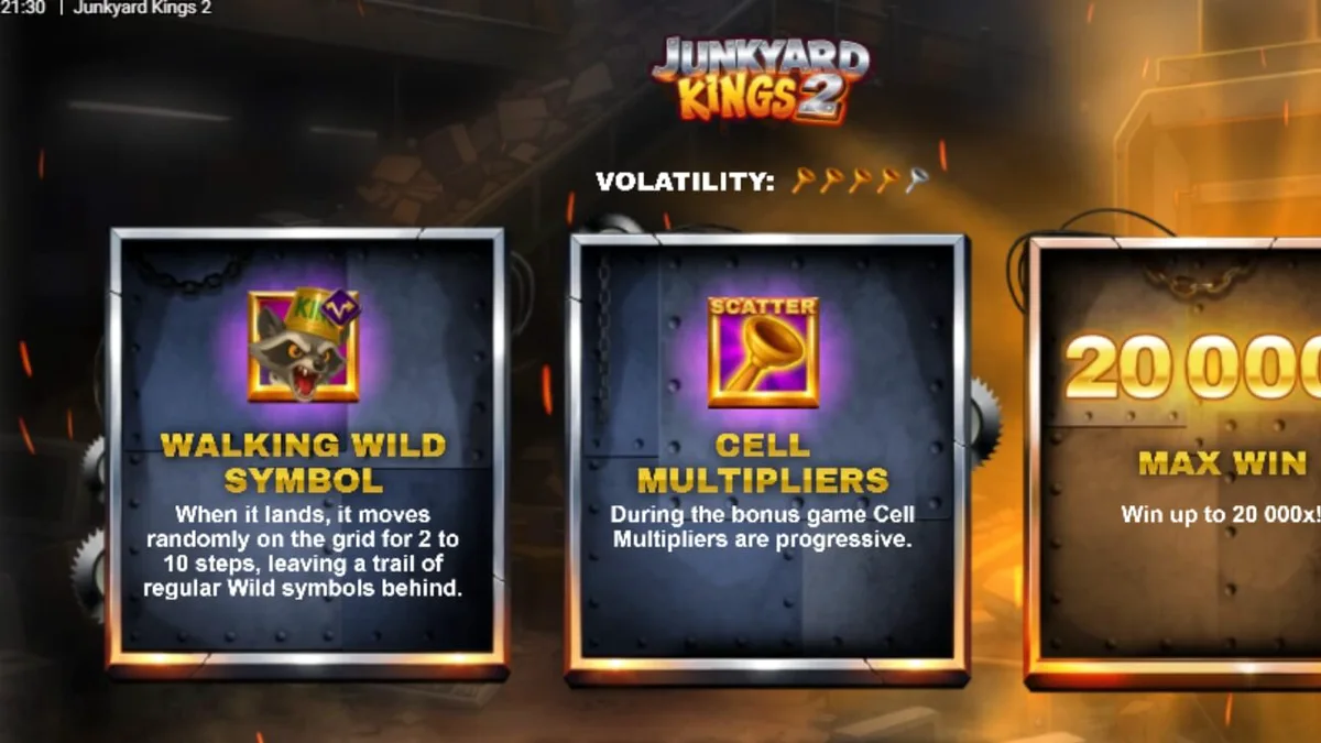 Tampilan visual slot Junkyard Kings 2 dengan tema rakun dan tumpukan harta karun di junkyard.